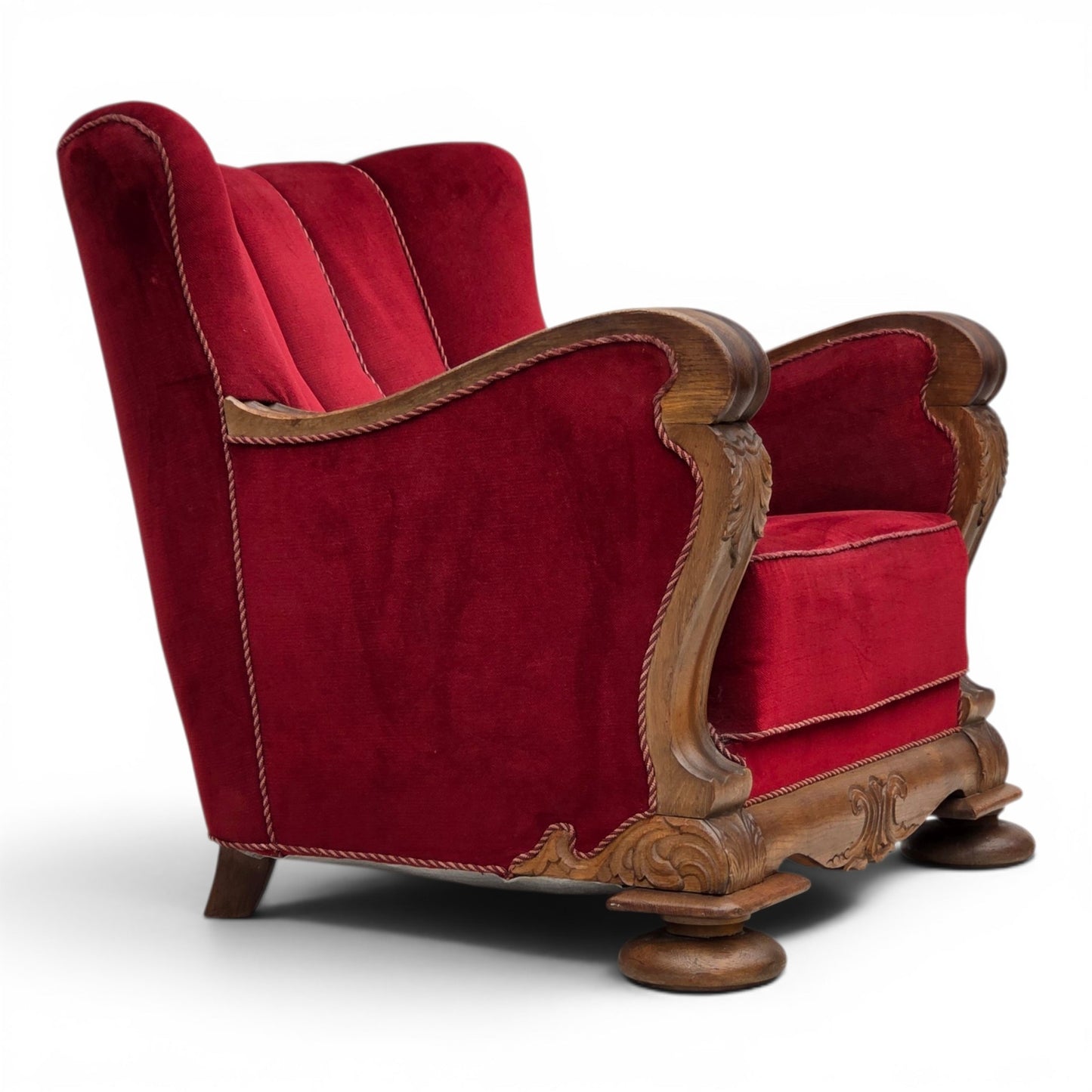 1950s, Danish relax armchair, furniture velour, carved oak wood.