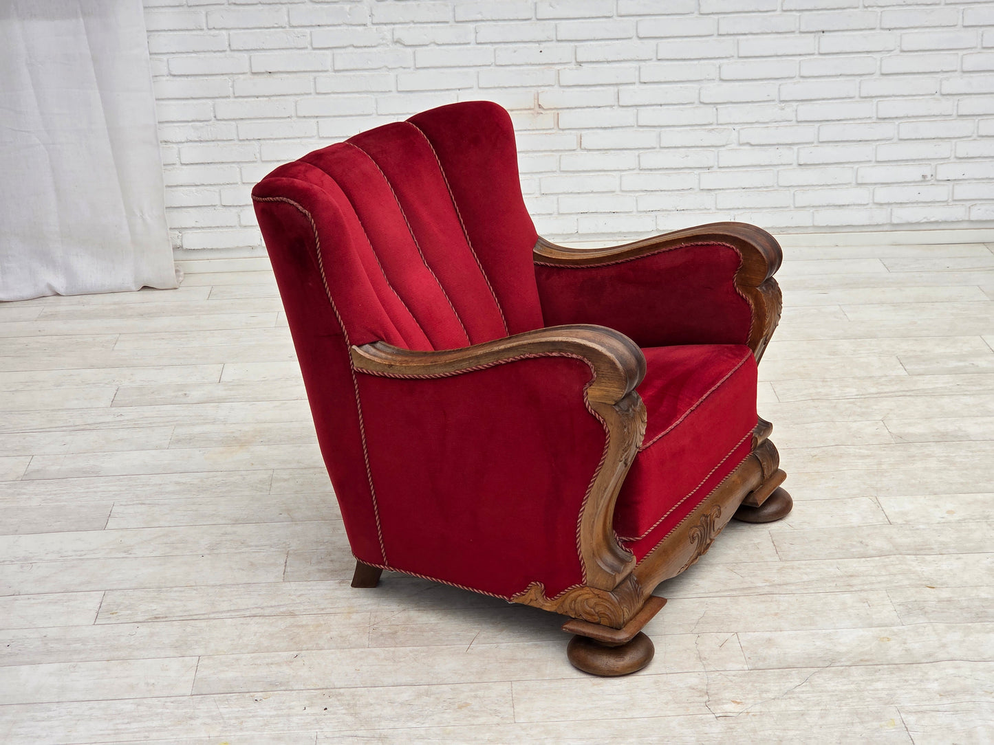 1950s, Danish relax armchair, furniture velour, carved oak wood.