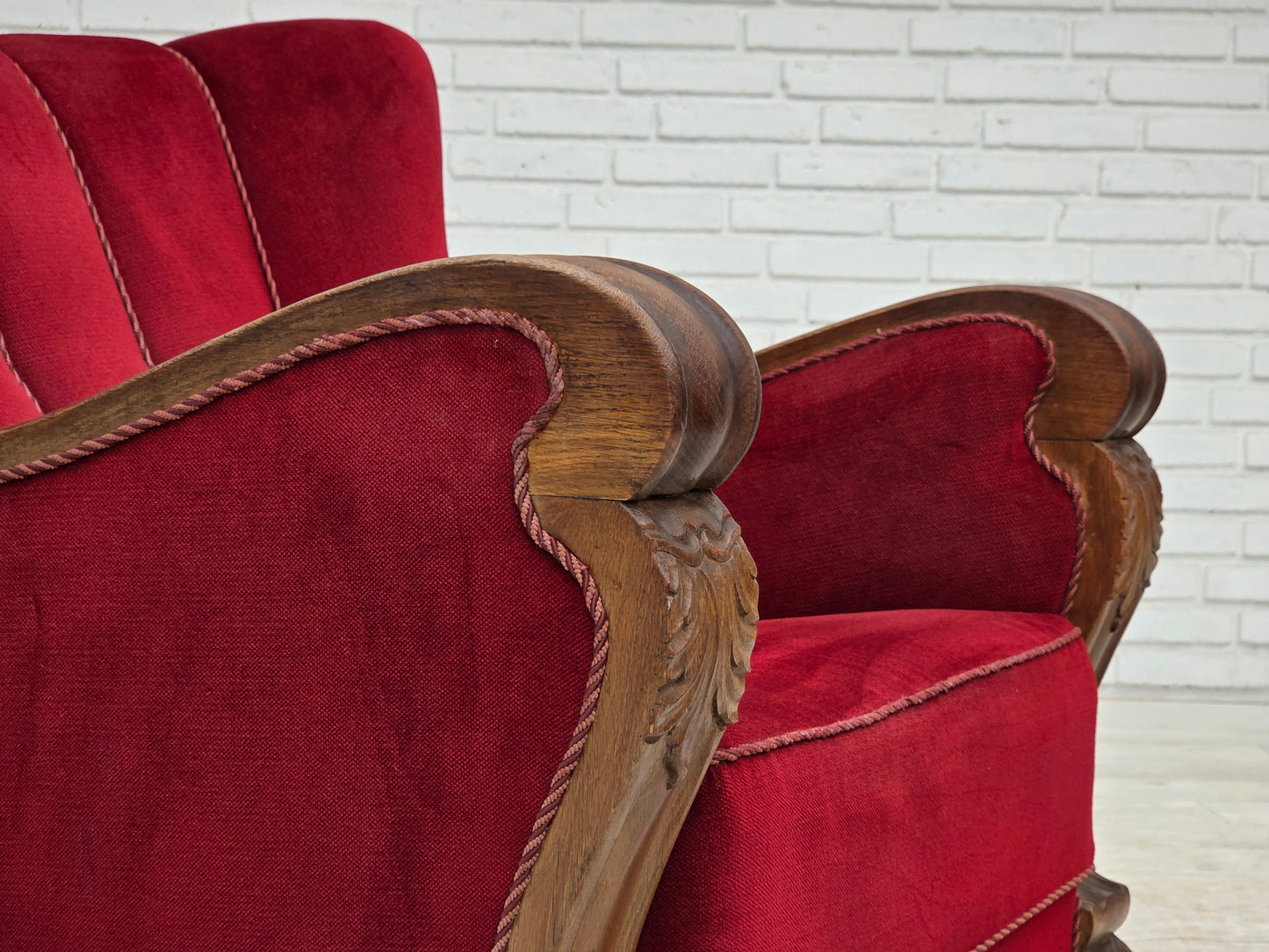 1950s, Danish relax armchair, furniture velour, carved oak wood.