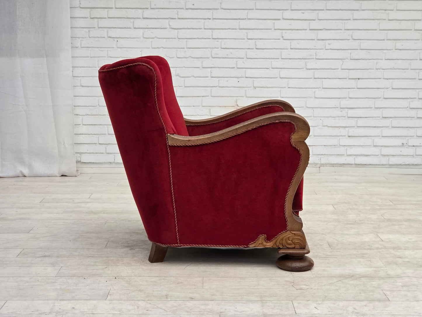 1950s, Danish relax armchair, furniture velour, carved oak wood.