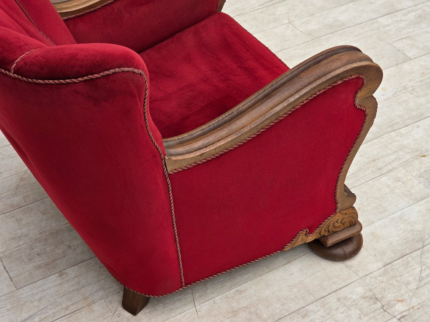 1950s, Danish relax armchair, furniture velour, carved oak wood.