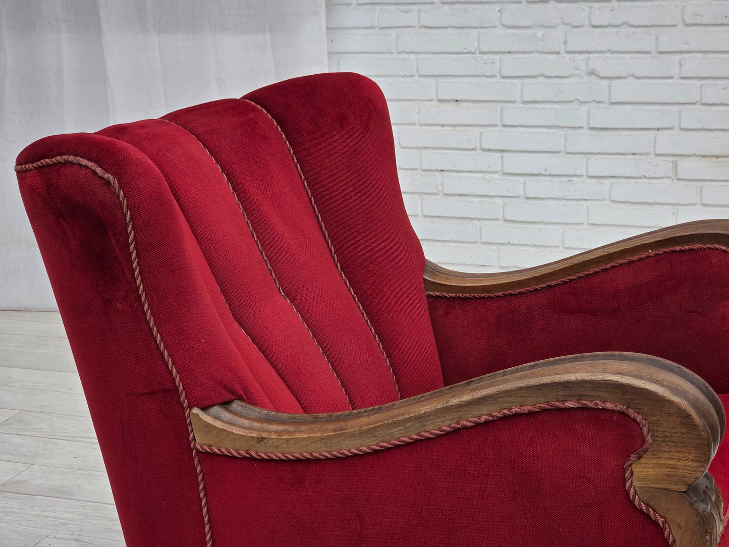 1950s, Danish relax armchair, furniture velour, carved oak wood.