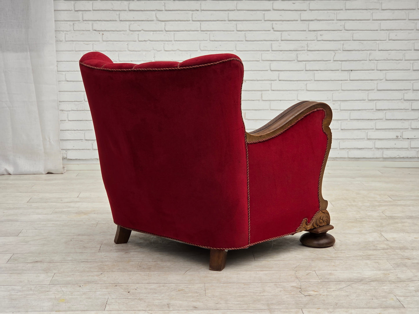 1950s, Danish relax armchair, furniture velour, carved oak wood.