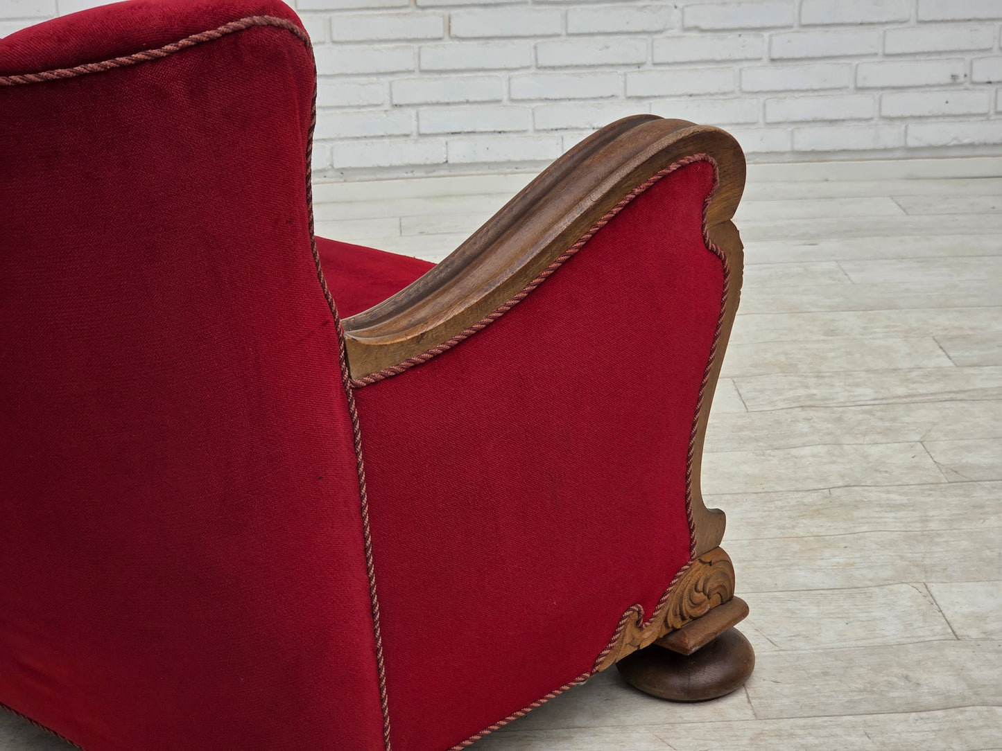 1950s, Danish relax armchair, furniture velour, carved oak wood.