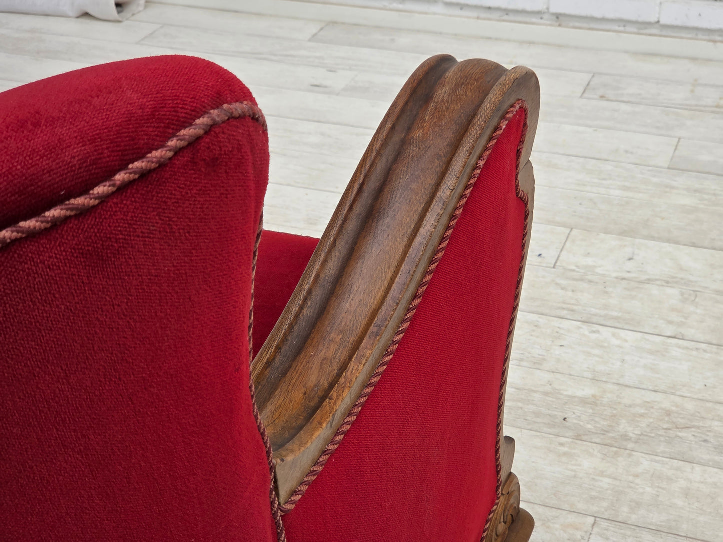 1950s, Danish relax armchair, furniture velour, carved oak wood.