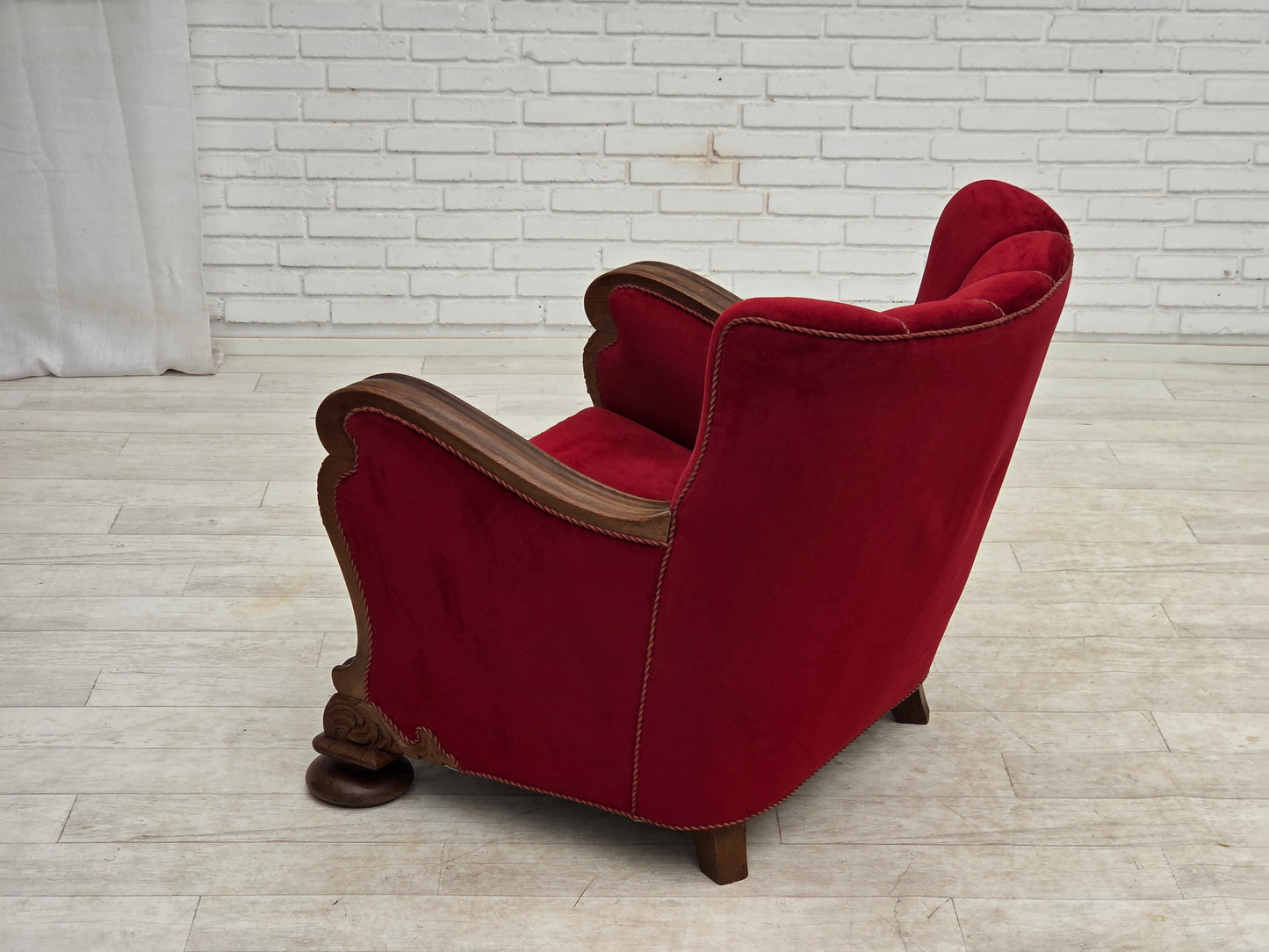1950s, Danish relax armchair, furniture velour, carved oak wood.