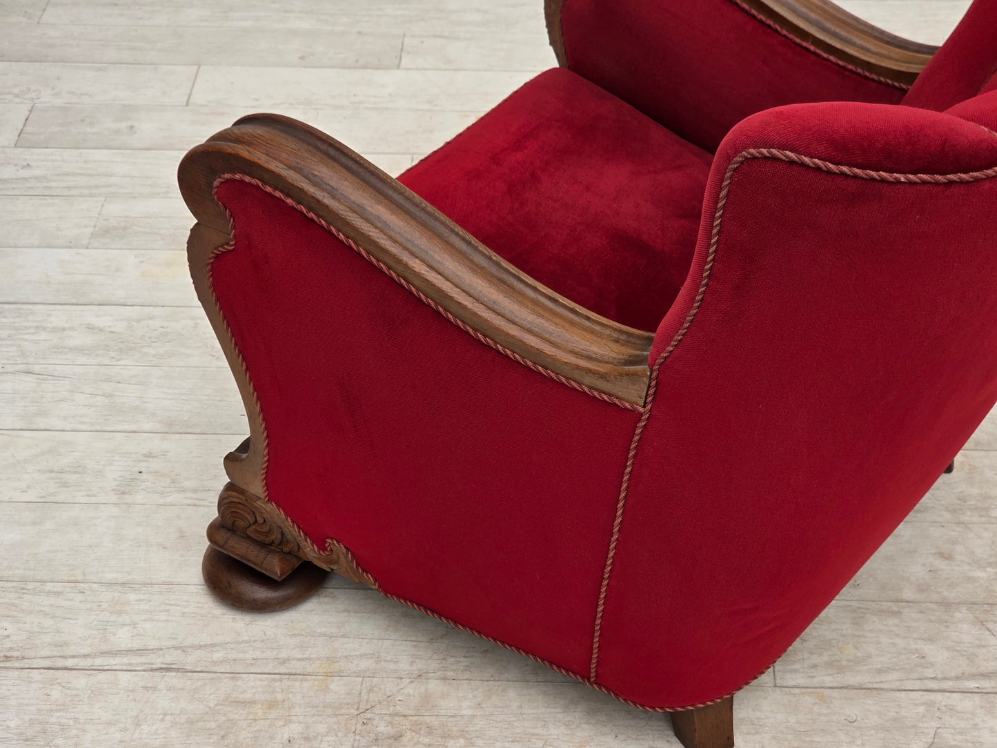 1950s, Danish relax armchair, furniture velour, carved oak wood.