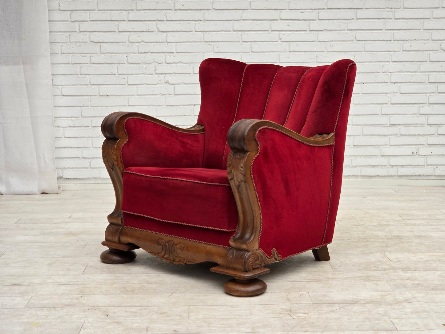1950s, Danish relax armchair, furniture velour, carved oak wood.