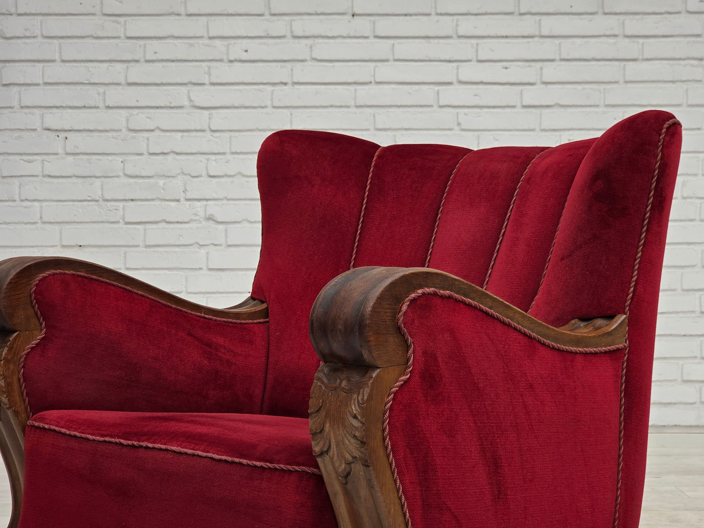 1950s, Danish relax armchair, furniture velour, carved oak wood.