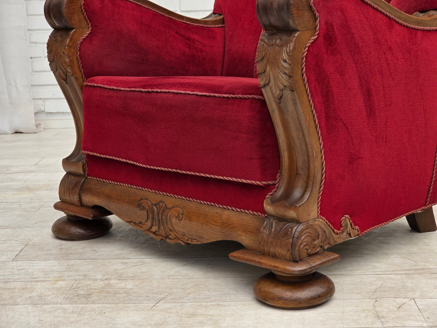 1950s, Danish relax armchair, furniture velour, carved oak wood.