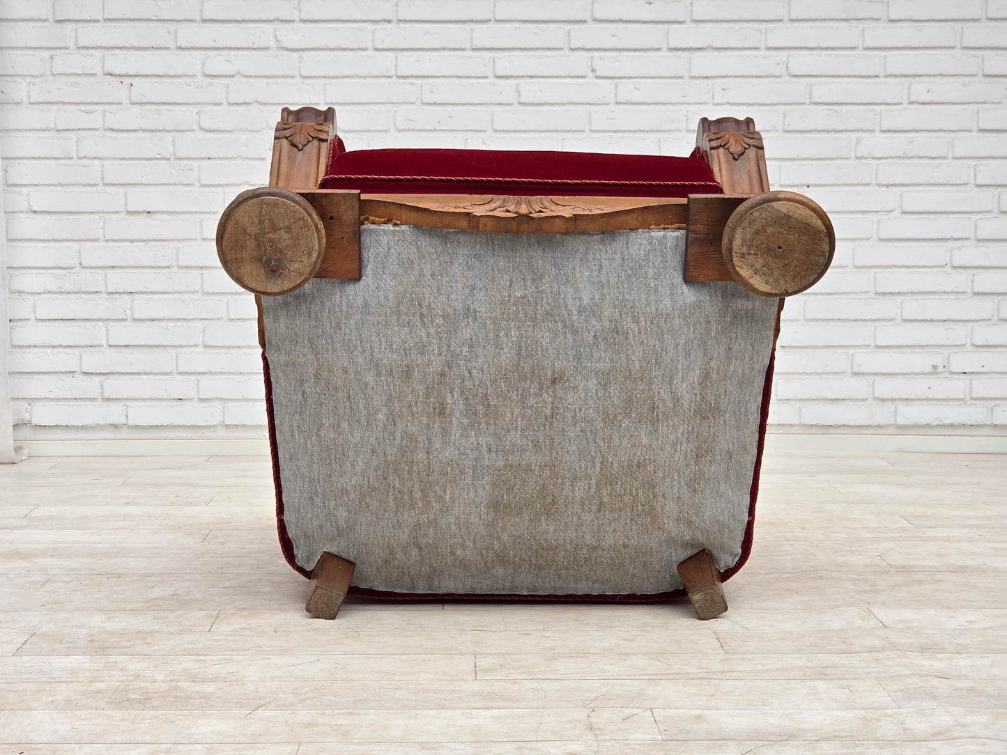 1950s, Danish relax armchair, furniture velour, carved oak wood.