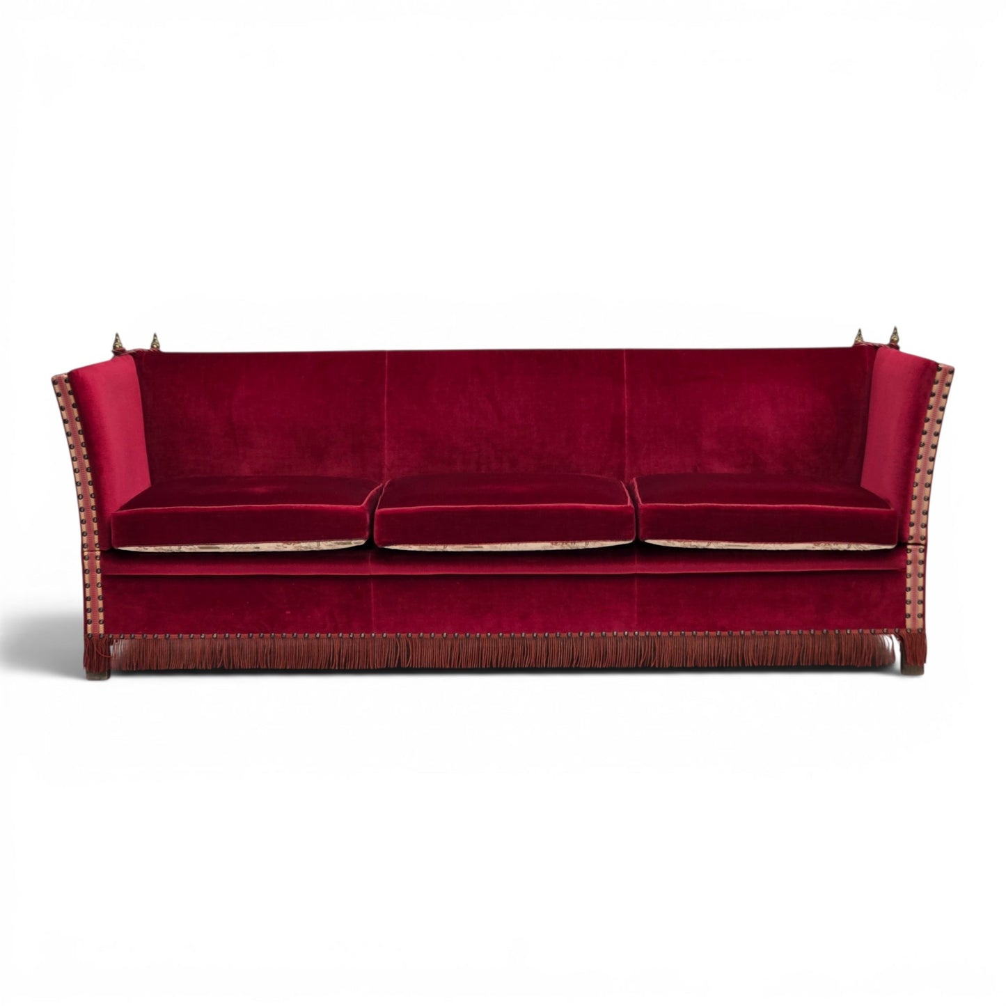 1970s, Danish 3-seater drop arm "Spanish" sofa, red furniture velour.