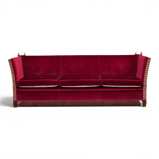 1970s, Danish 3-seater drop arm "Spanish" sofa, red furniture velour.