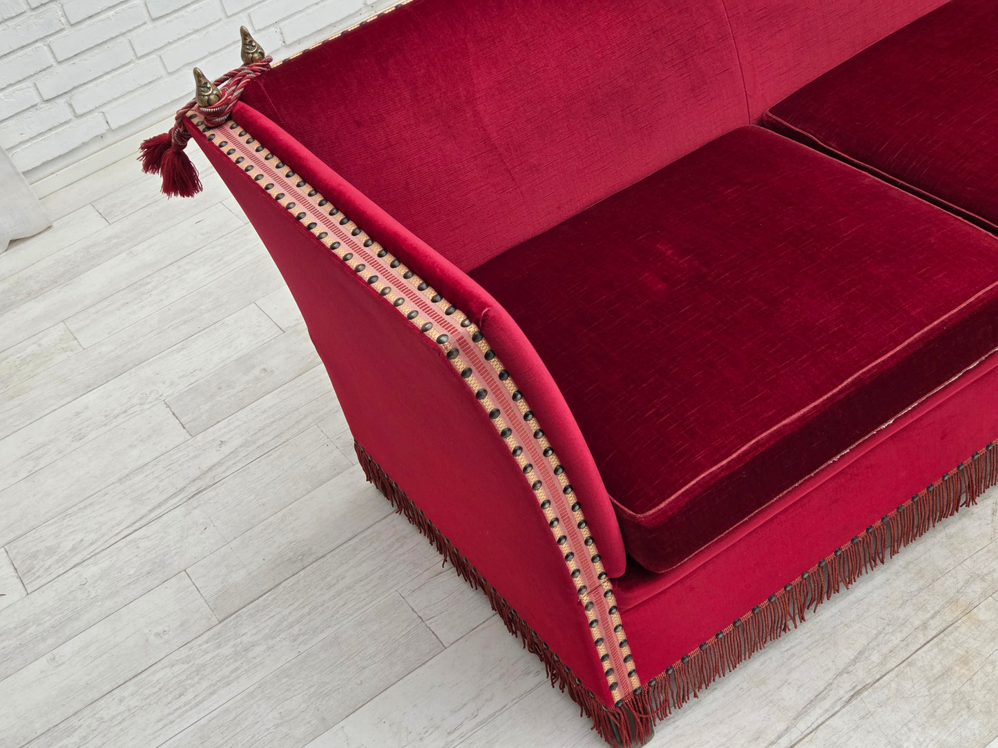 1970s, Danish 3-seater drop arm "Spanish" sofa, red furniture velour.