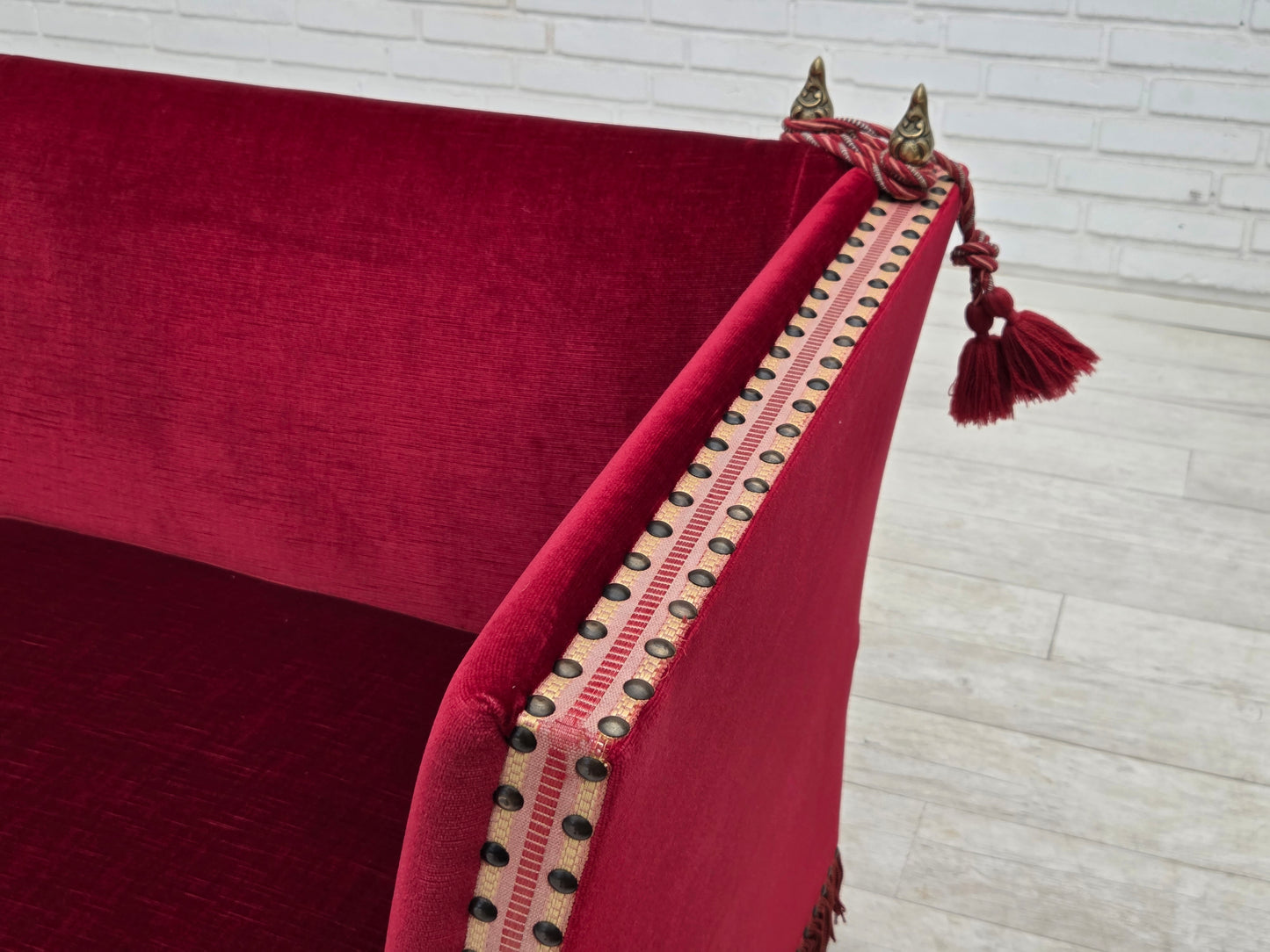 1970s, Danish 3-seater drop arm "Spanish" sofa, red furniture velour.