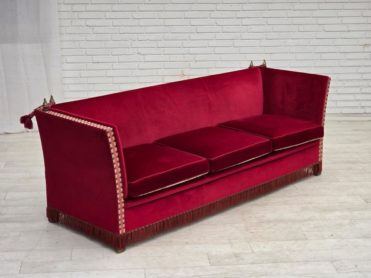 1970s, Danish 3-seater drop arm "Spanish" sofa, red furniture velour.