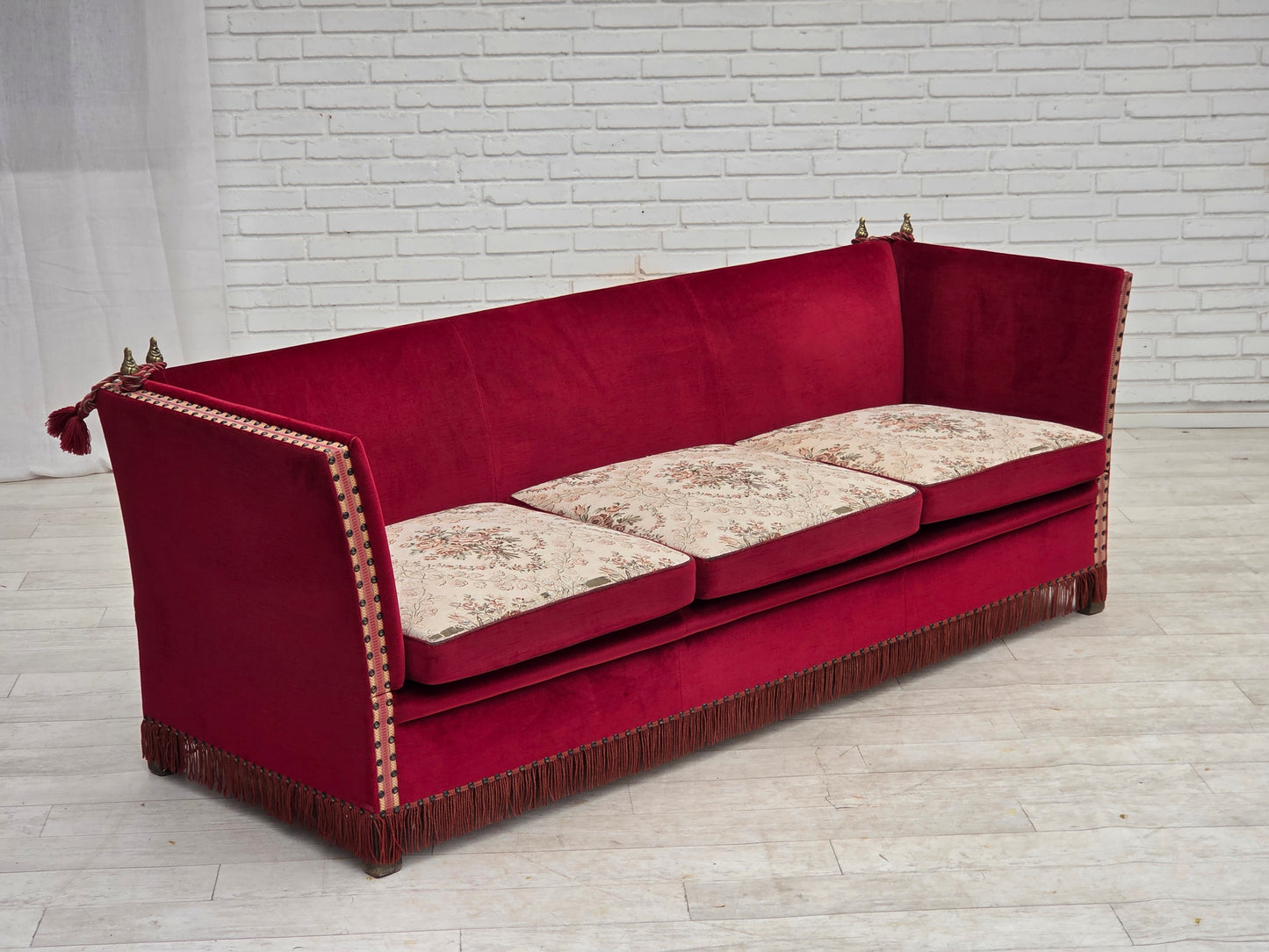 1970s, Danish 3-seater drop arm "Spanish" sofa, red furniture velour.