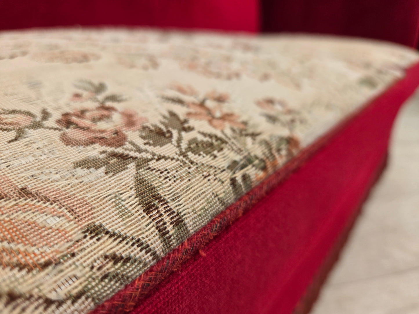1970s, Danish 3-seater drop arm "Spanish" sofa, red furniture velour.
