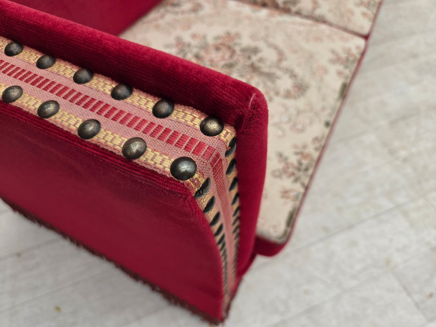 1970s, Danish 3-seater drop arm "Spanish" sofa, red furniture velour.