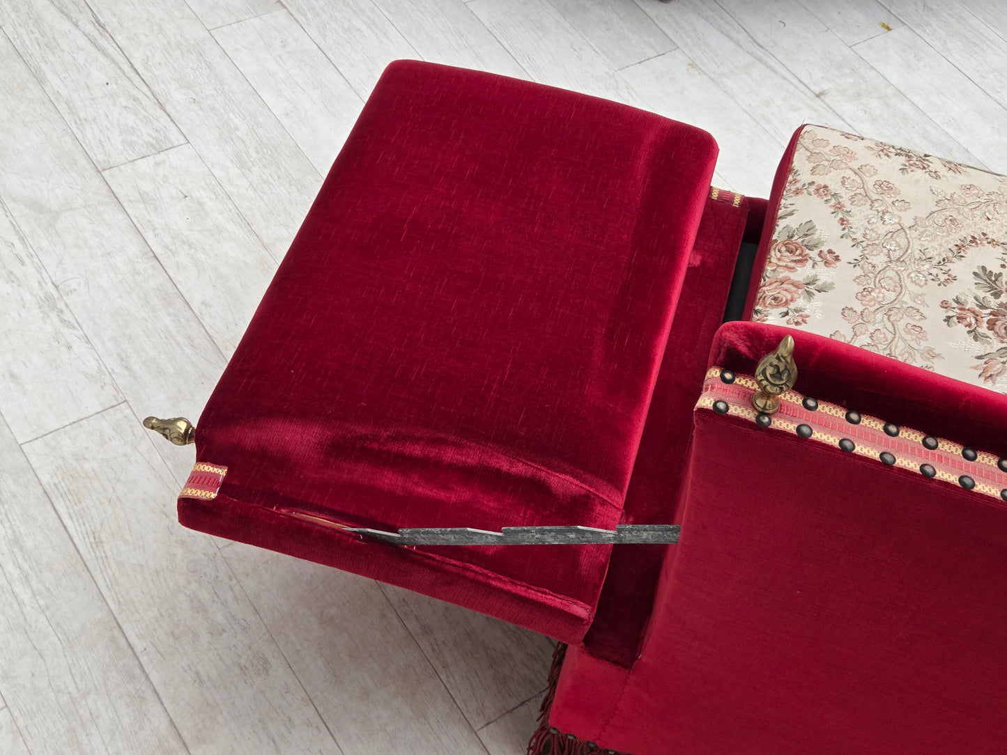 1970s, Danish 3-seater drop arm "Spanish" sofa, red furniture velour.