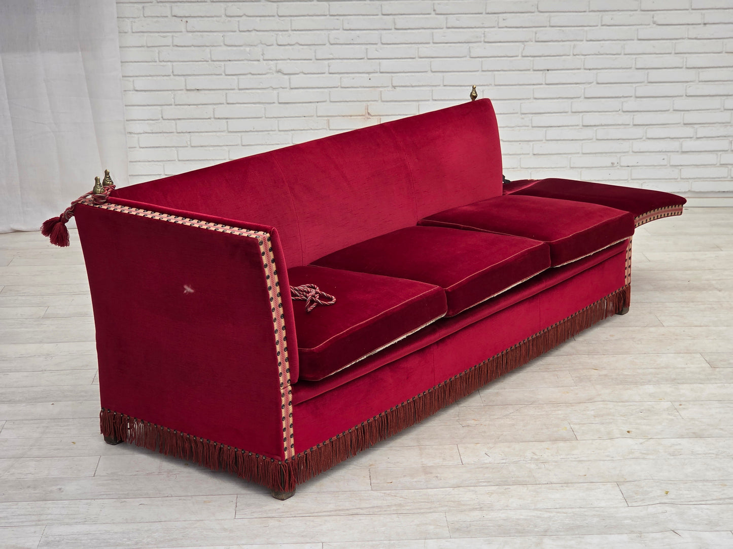 1970s, Danish 3-seater drop arm "Spanish" sofa, red furniture velour.