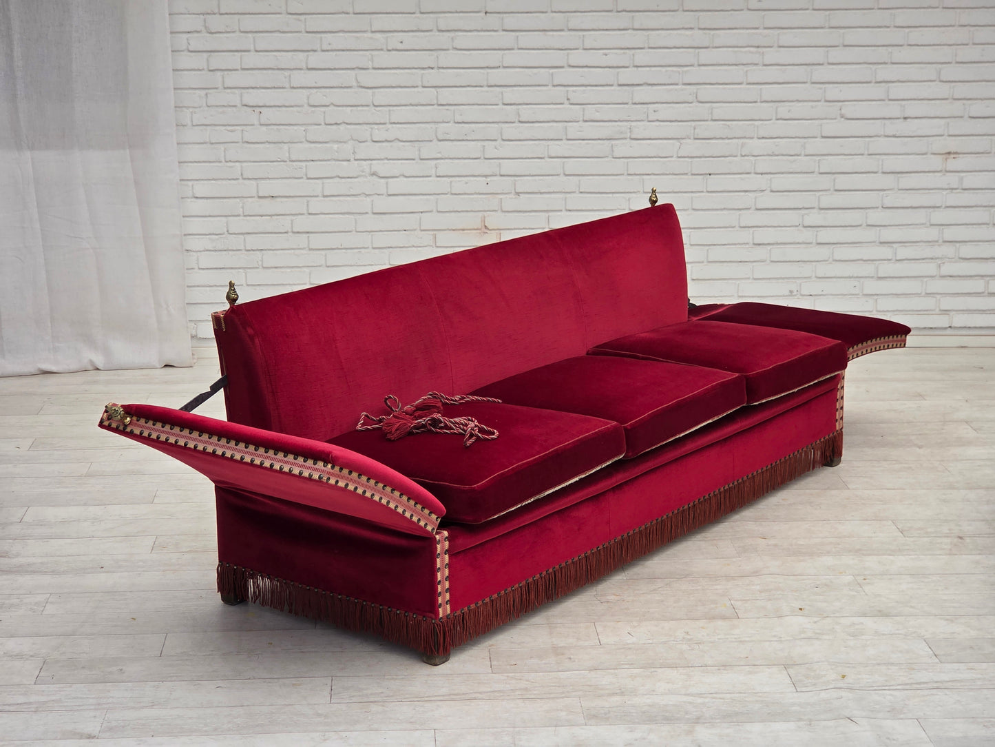 1970s, Danish 3-seater drop arm "Spanish" sofa, red furniture velour.
