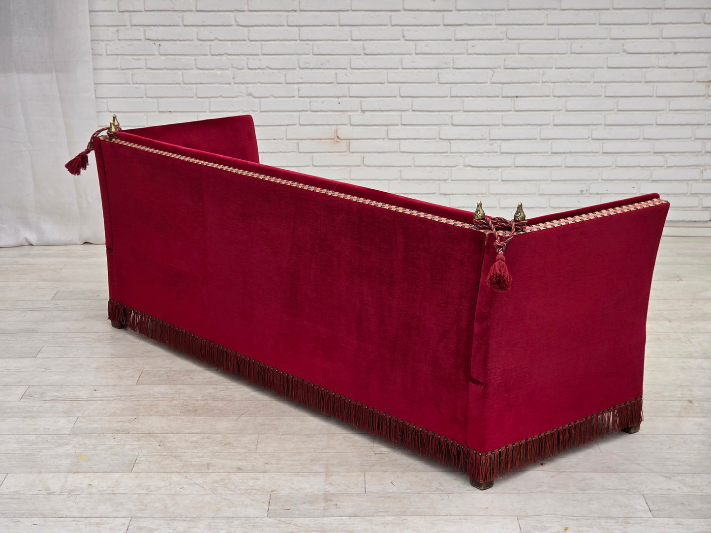 1970s, Danish 3-seater drop arm "Spanish" sofa, red furniture velour.