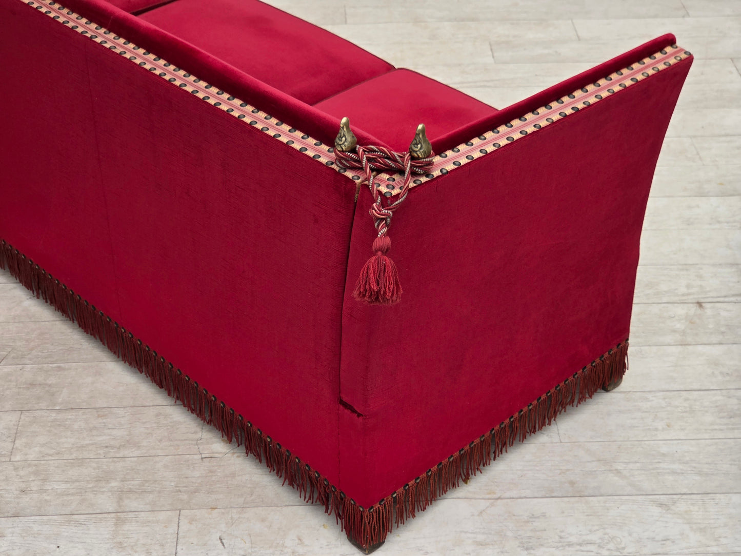 1970s, Danish 3-seater drop arm "Spanish" sofa, red furniture velour.