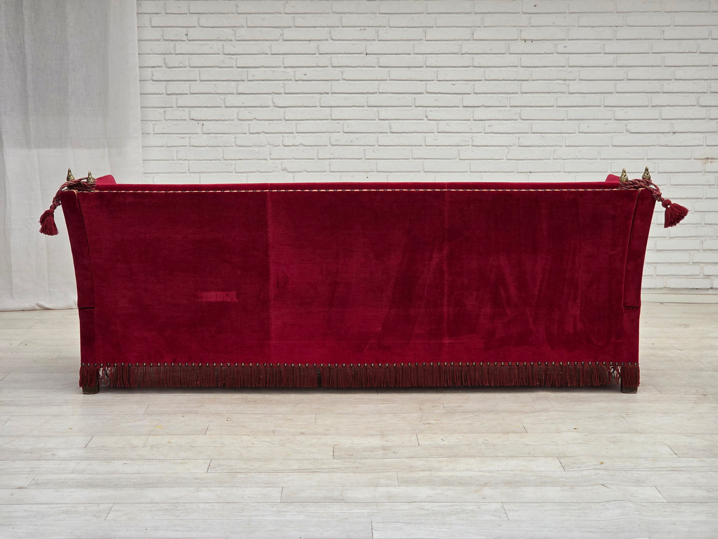 1970s, Danish 3-seater drop arm "Spanish" sofa, red furniture velour.