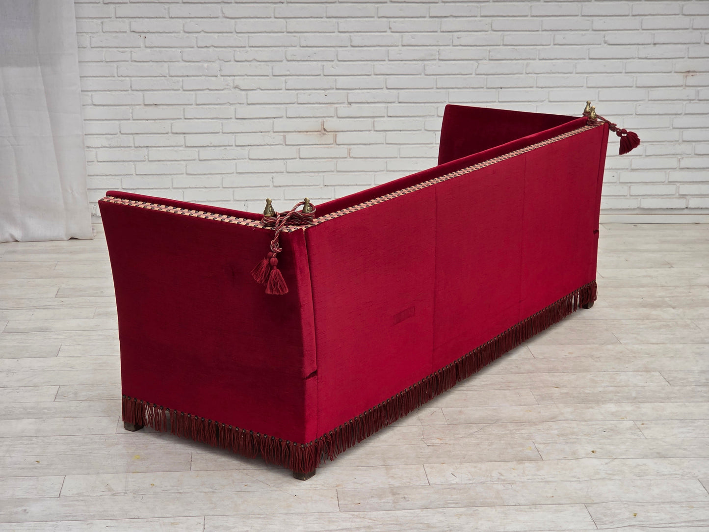 1970s, Danish 3-seater drop arm "Spanish" sofa, red furniture velour.