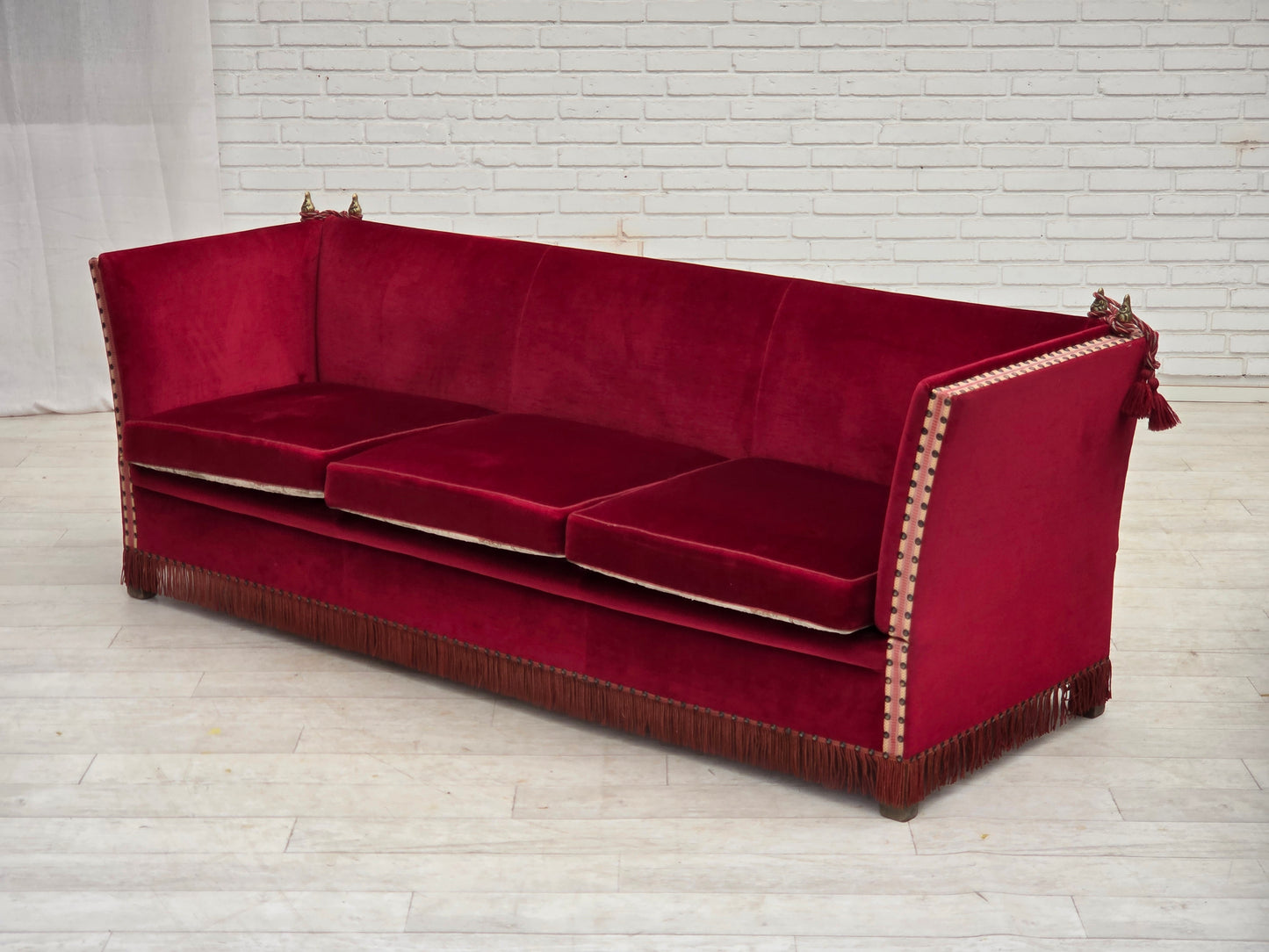 1970s, Danish 3-seater drop arm "Spanish" sofa, red furniture velour.