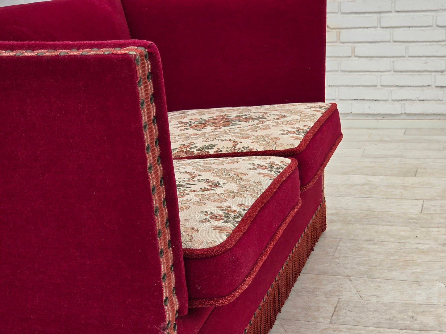 1970s, Danish 2-seater drop arm sofa, furniture velour.