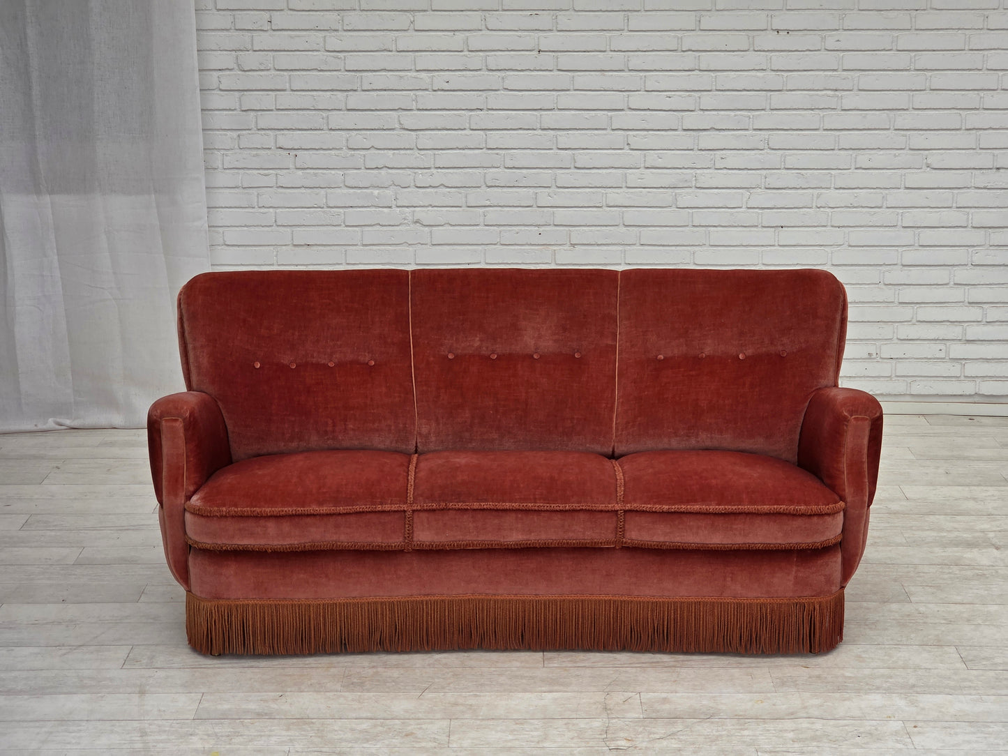 1970s, 3-seater Danish curved sofa, pink furniture velour.