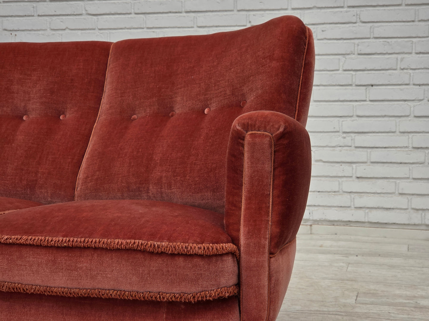 1970s, 3-seater Danish curved sofa, pink furniture velour.