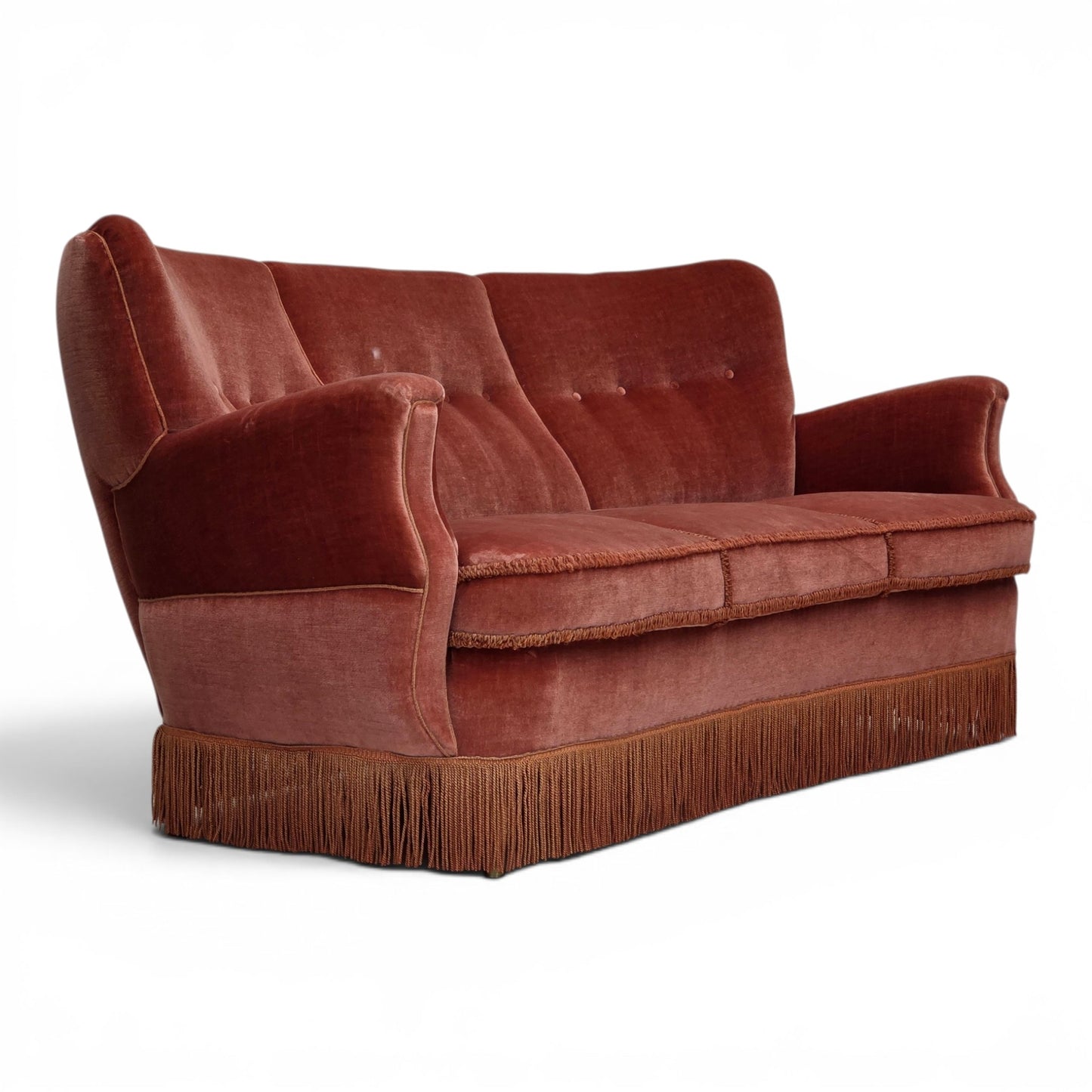 1970s, 3-seater Danish curved sofa, pink furniture velour.