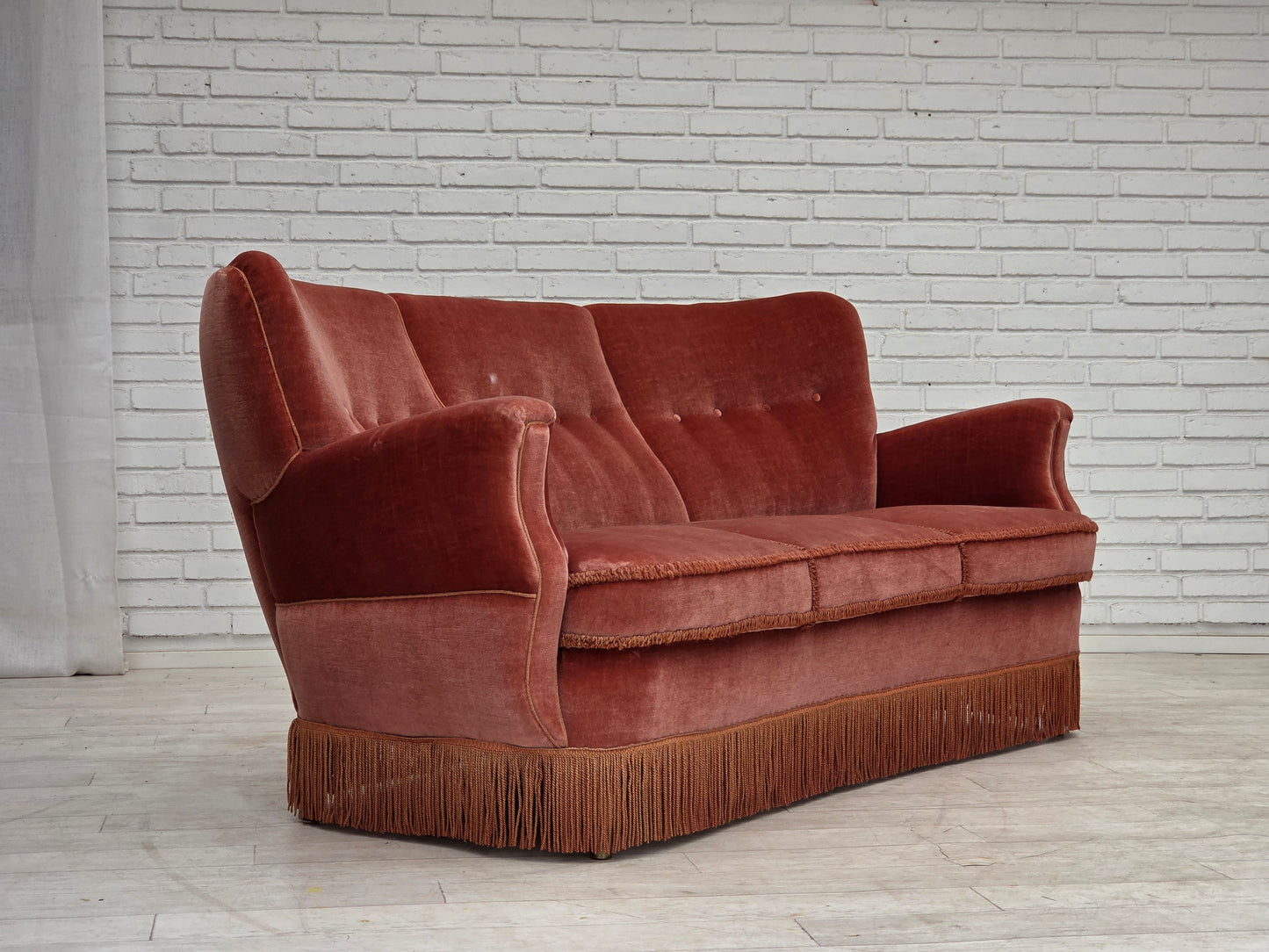 1970s, 3-seater Danish curved sofa, pink furniture velour.