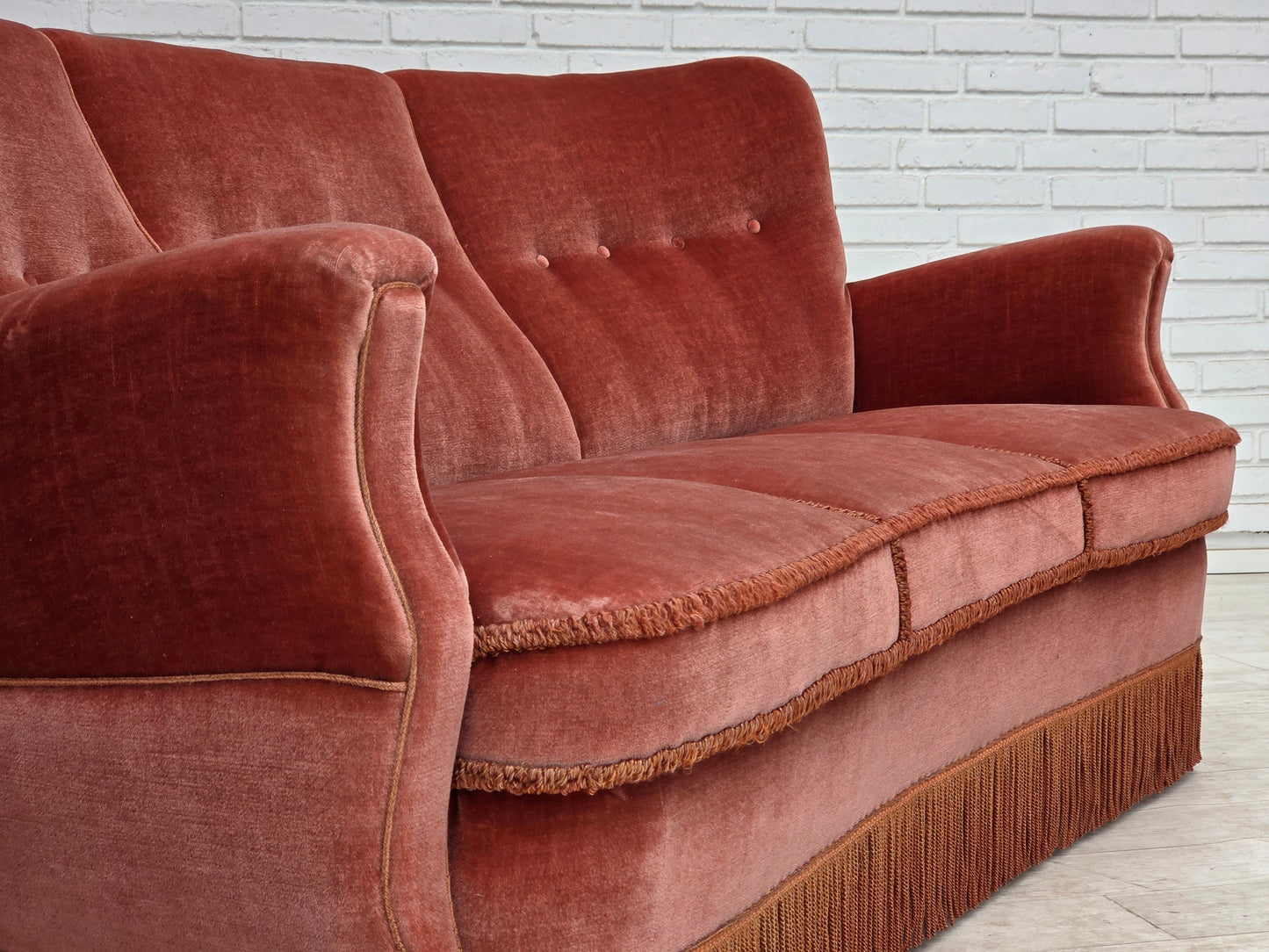 1970s, 3-seater Danish curved sofa, pink furniture velour.