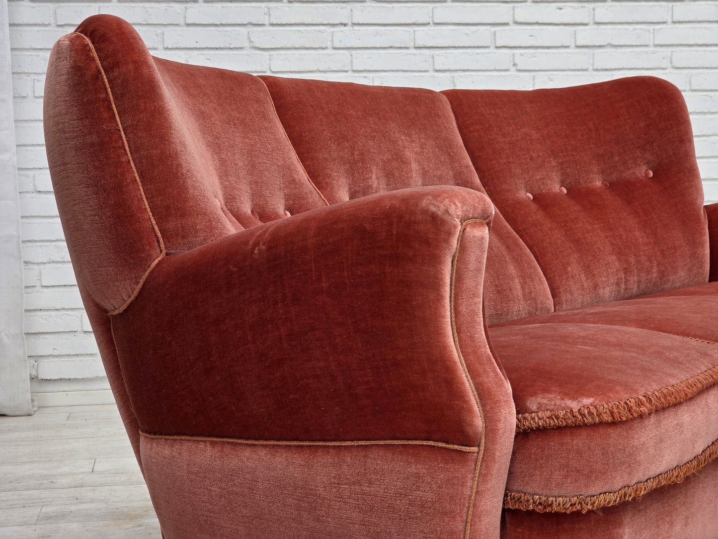 1970s, 3-seater Danish curved sofa, pink furniture velour.