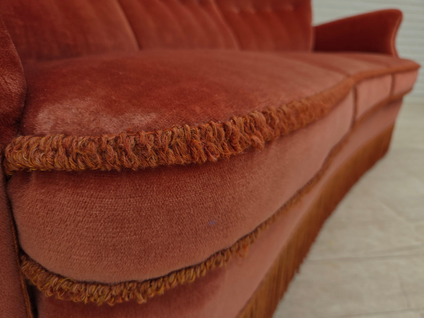 1970s, 3-seater Danish curved sofa, pink furniture velour.