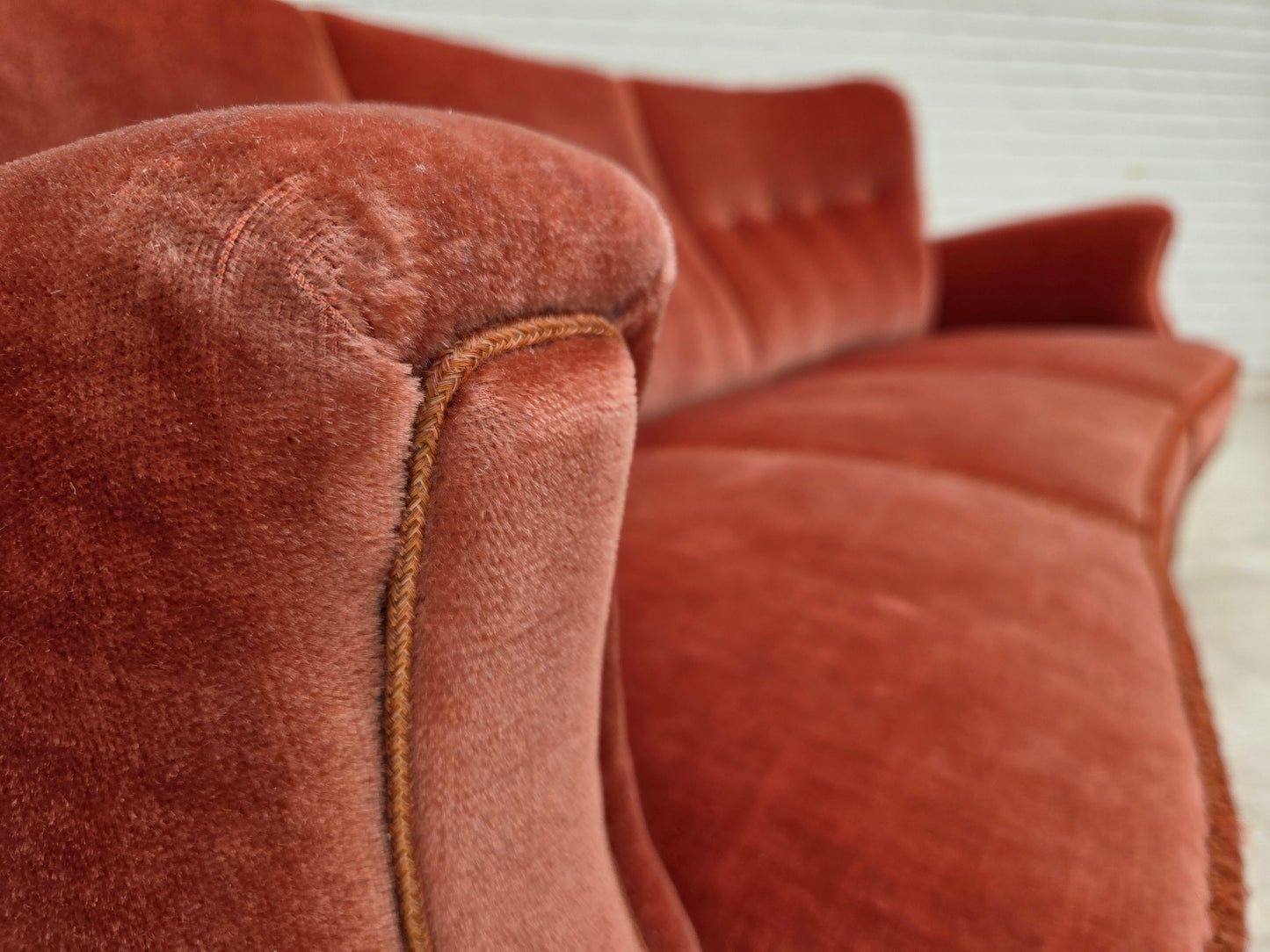 1970s, 3-seater Danish curved sofa, pink furniture velour.