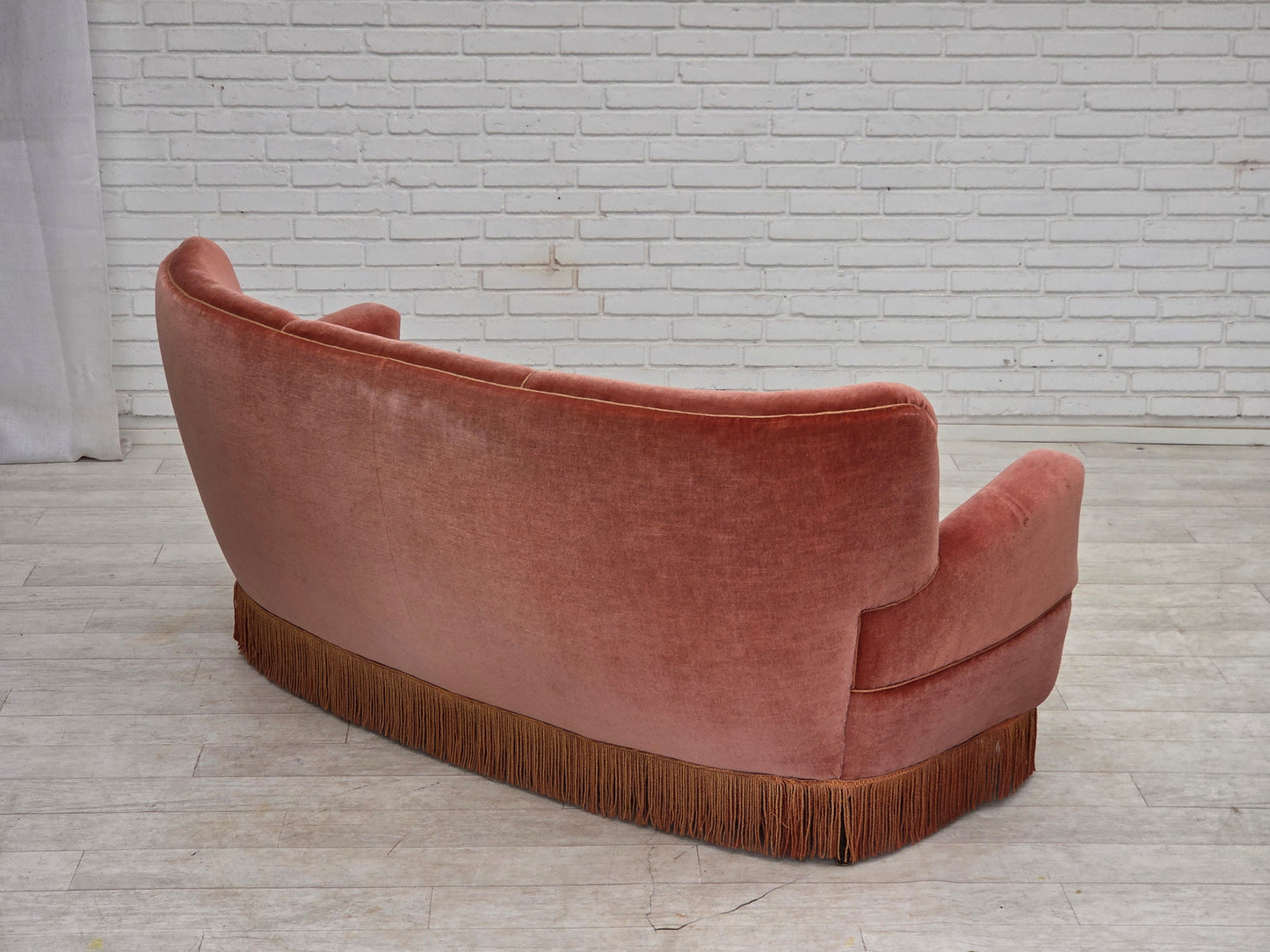 1970s, 3-seater Danish curved sofa, pink furniture velour.