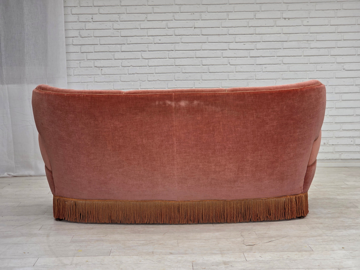 1970s, 3-seater Danish curved sofa, pink furniture velour.