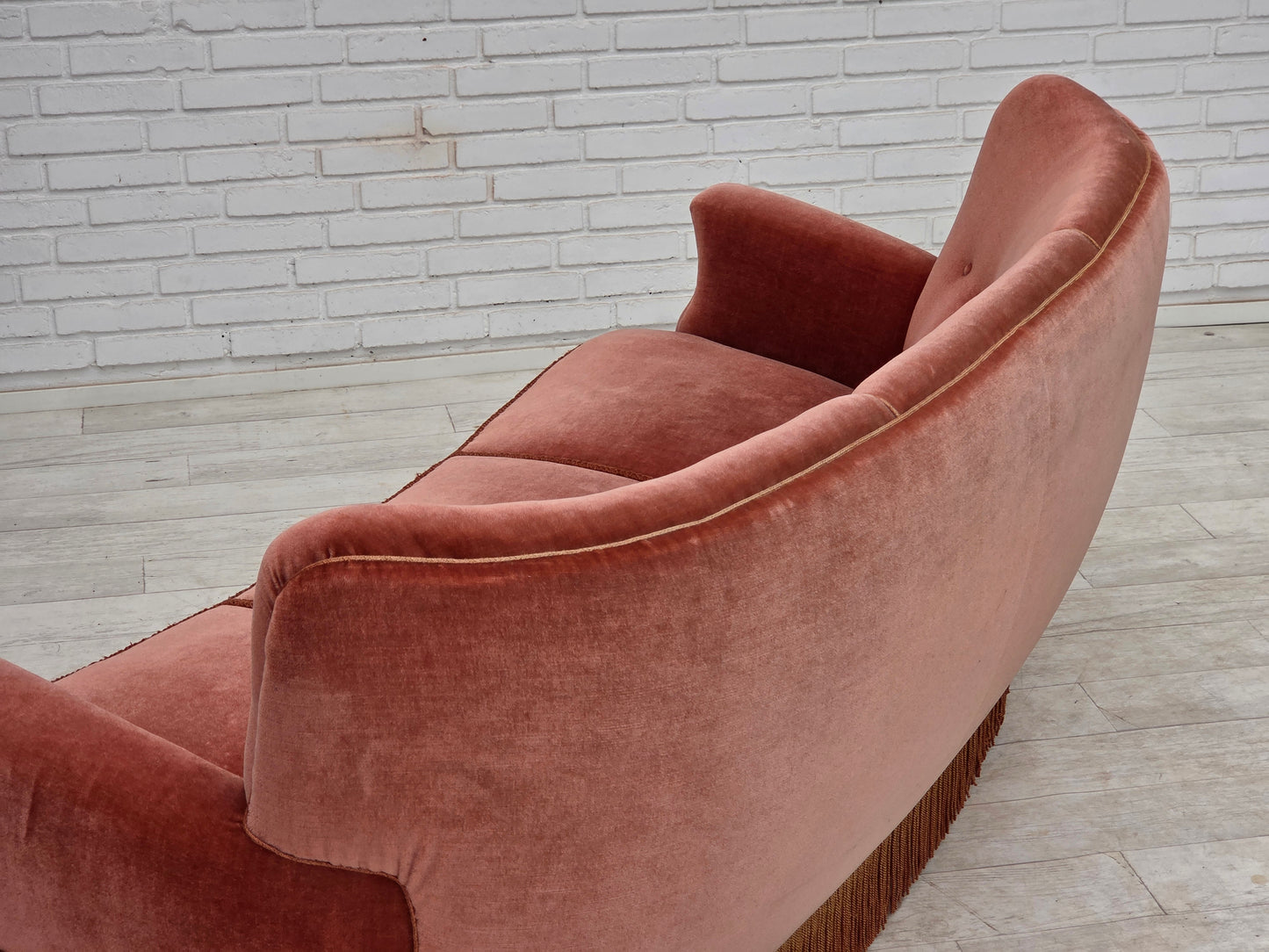 1970s, 3-seater Danish curved sofa, pink furniture velour.
