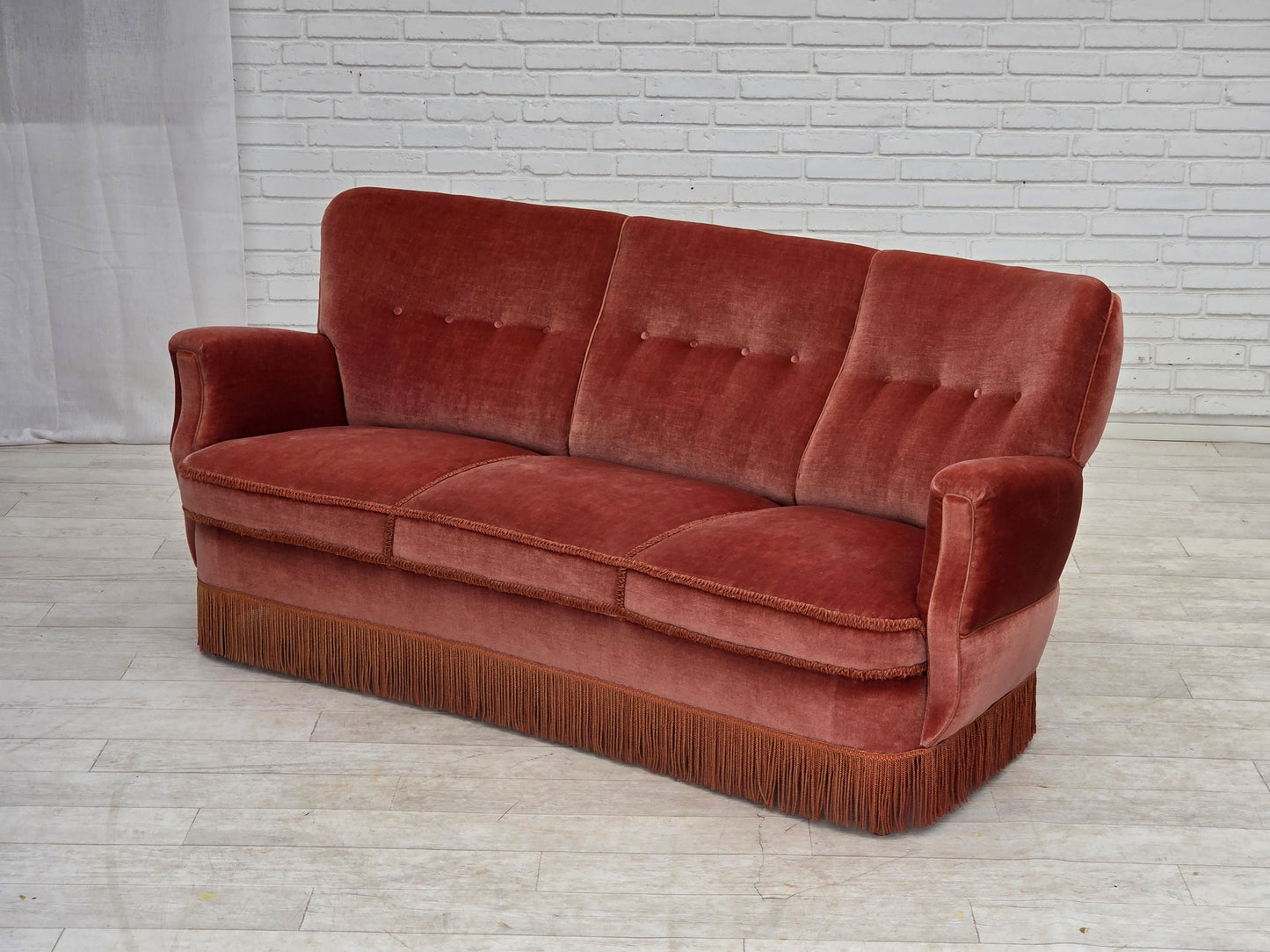 1970s, 3-seater Danish curved sofa, pink furniture velour.