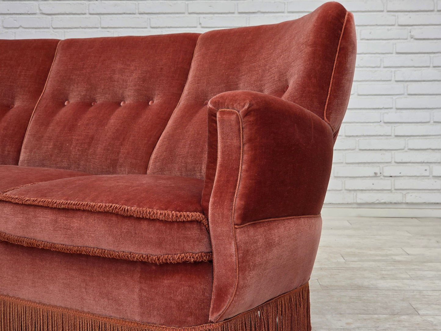 1970s, 3-seater Danish curved sofa, pink furniture velour.