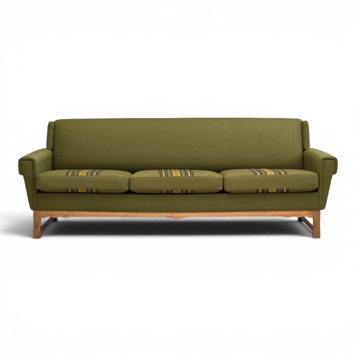 1970s, 3-seater Danish sofa, green furniture wool, oak wood.