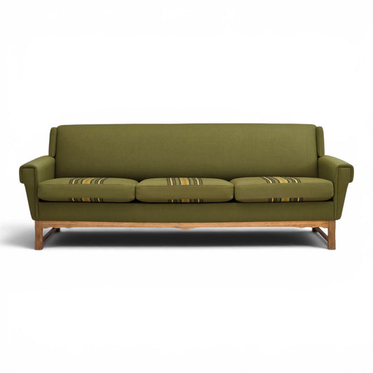 1970s, 3-seater Danish sofa, green furniture wool, oak wood.