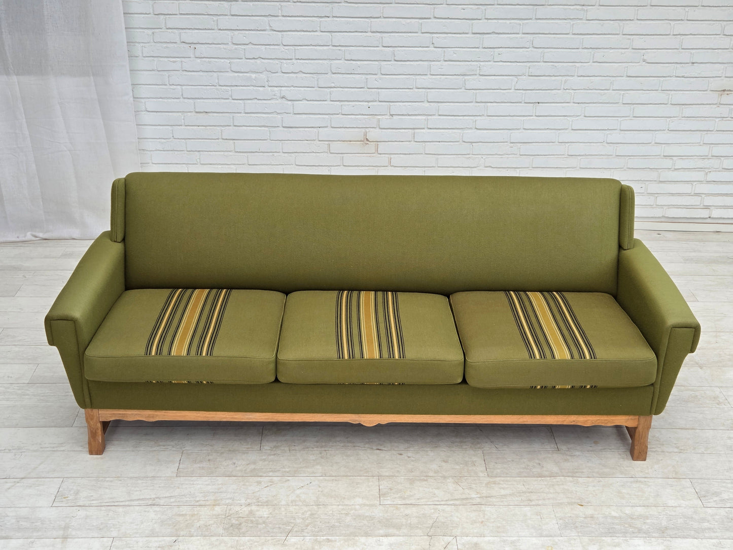 1970s, 3-seater Danish sofa, green furniture wool, oak wood.