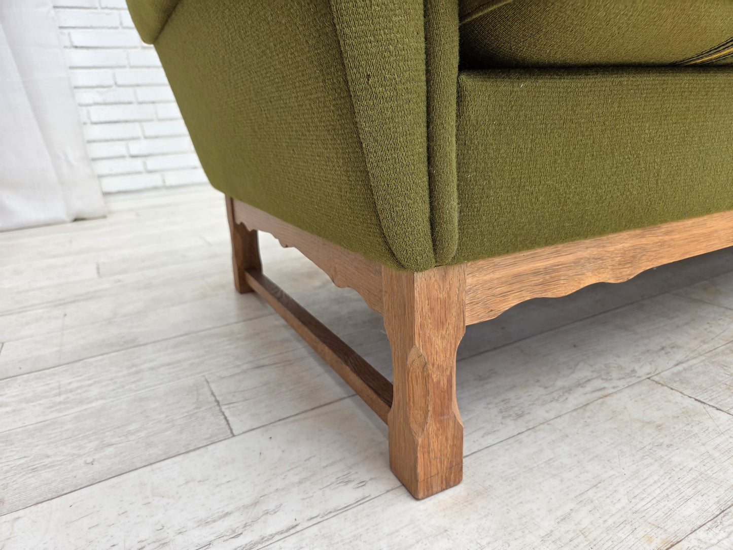1970s, 3-seater Danish sofa, green furniture wool, oak wood.