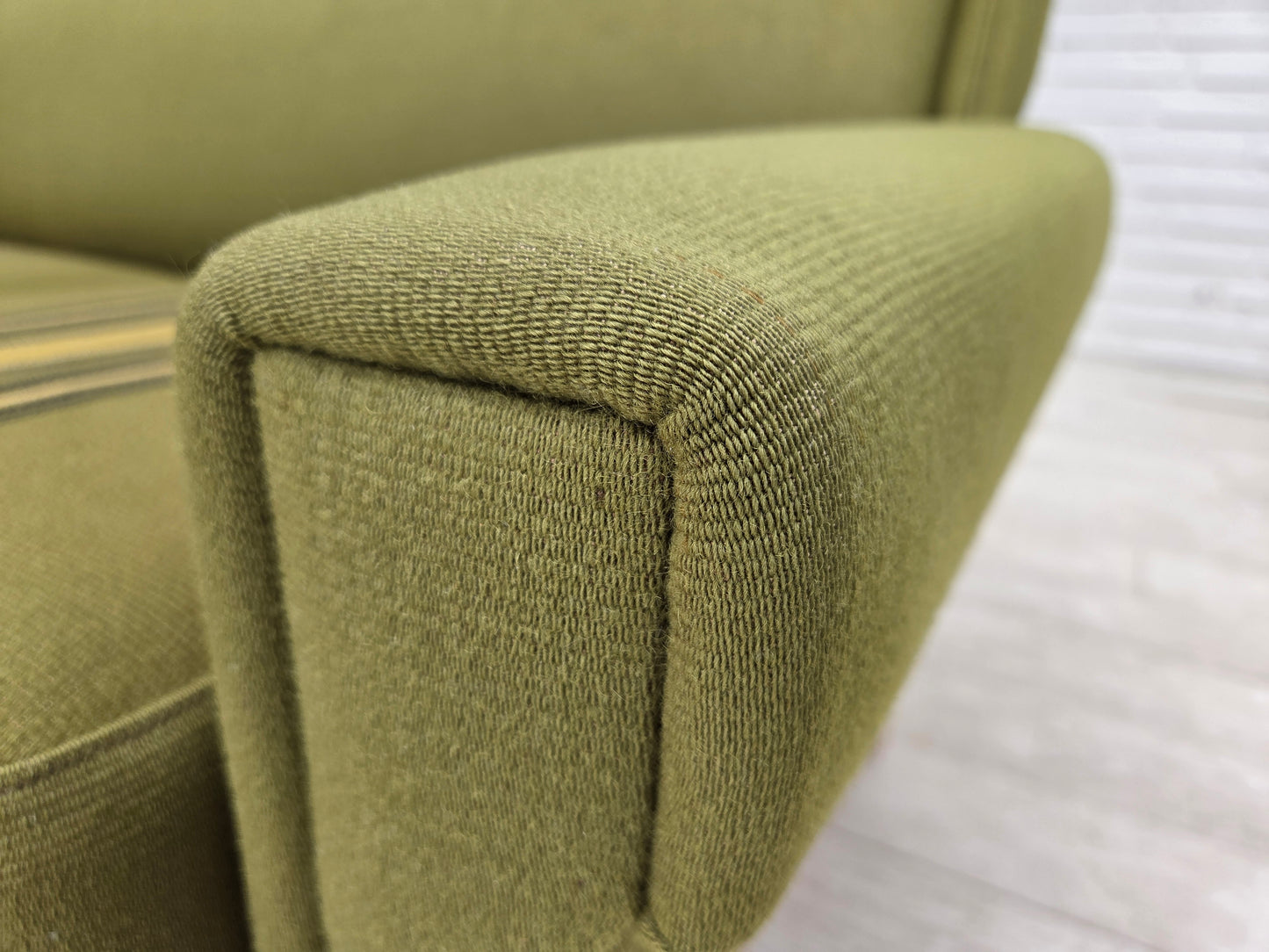 1970s, 3-seater Danish sofa, green furniture wool, oak wood.
